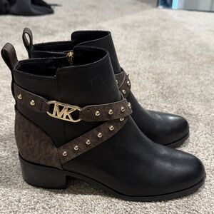 Michael Kors Black and Brown Ankle Booties with Gold Accents